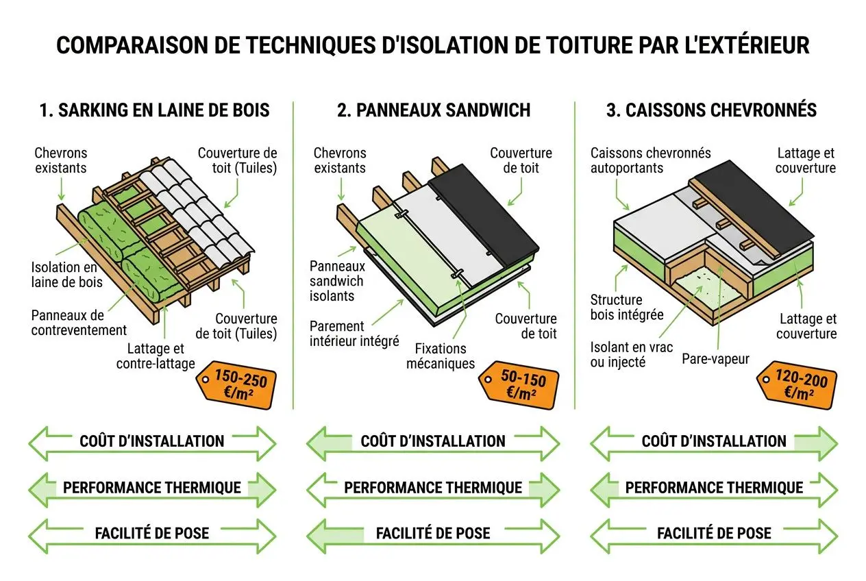 Comparaison de techniques d'isolation de toiture par l'extérieur avec sarking, panneaux sandwich et caissons chevronnés, affichage des coûts et performances.