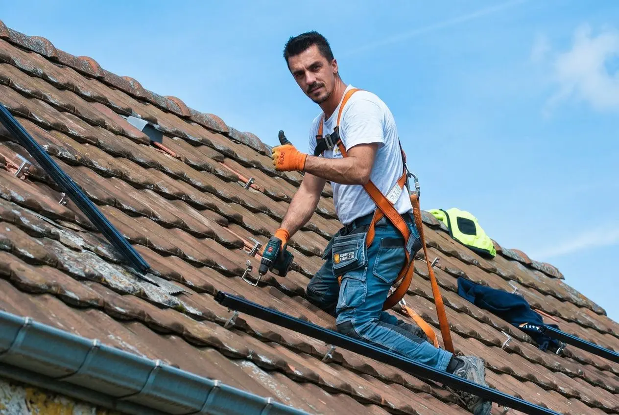 Installateur sur un toit inclinédu, pose d’un système électrique; travail lié à l’installation photovoltaïque en cours.