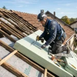 Installateur sur toiture en cours d’isolation par l’extérieur, posé d’un bloc de mousse isolante sur lattes, avec outils sur le toit.