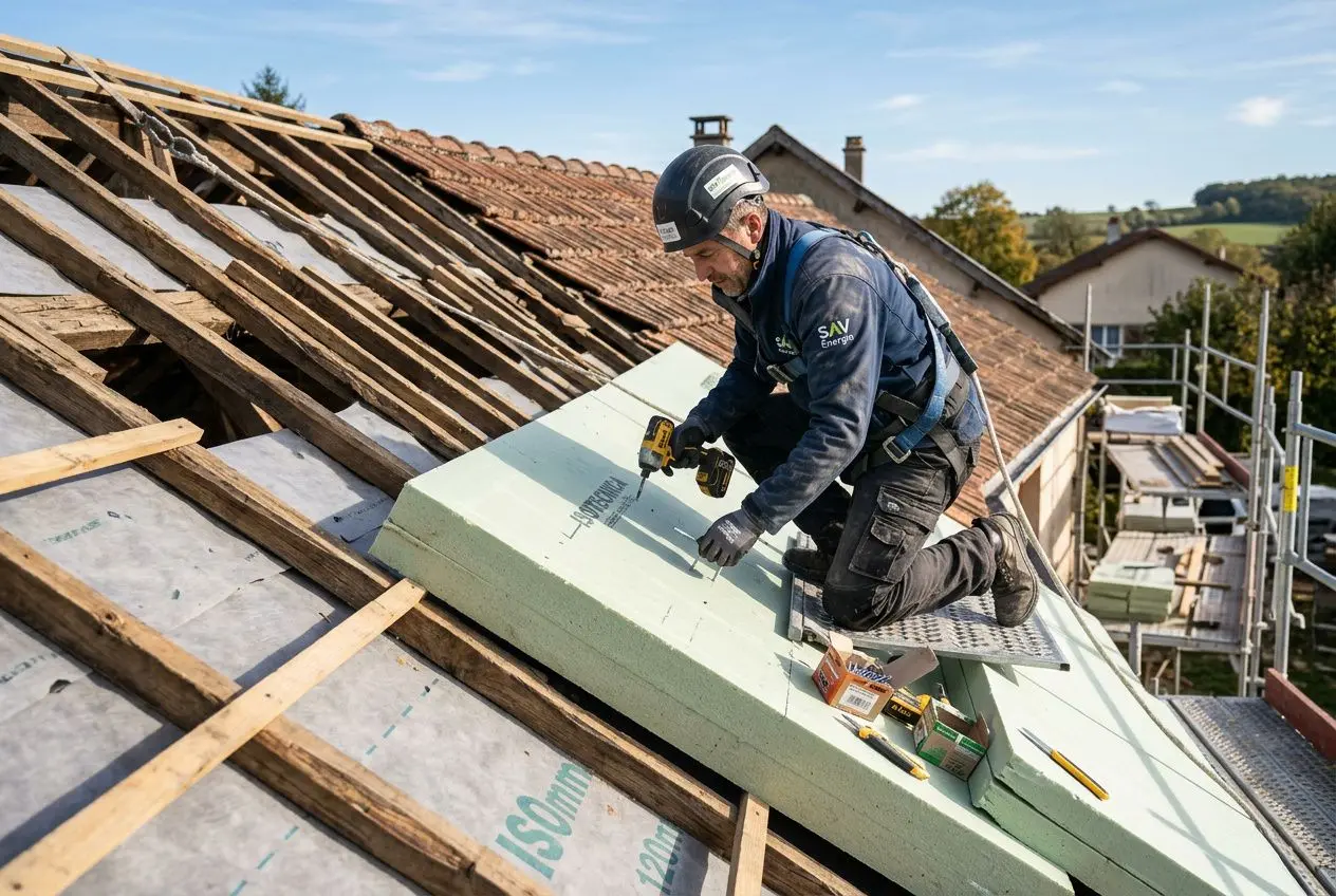 Installateur sur toiture en cours d’isolation par l’extérieur, posé d’un bloc de mousse isolante sur lattes, avec outils sur le toit.
