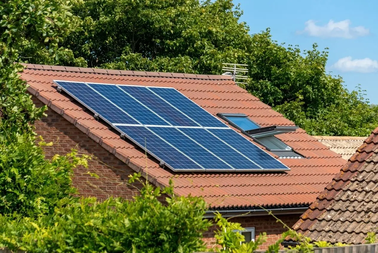 Panneaux solaires en installation photovoltaïque sur le toit en tuiles d’une maison, entourée de verdure, sous un ciel clair.