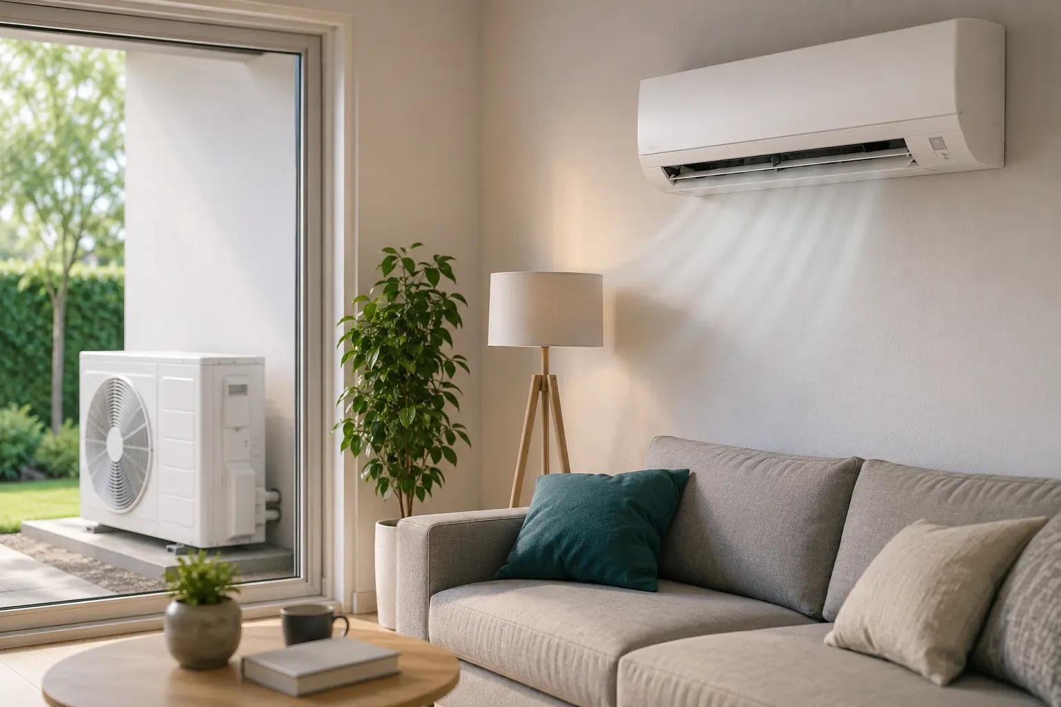 Climatisation murale dans un salon moderne, unité extérieure visible par la fenêtre et canapé gris avec coussins, lampe sur pied et plante verte.