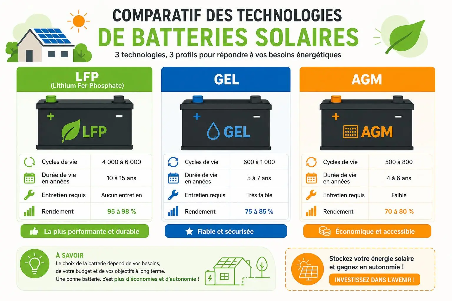 Comparatif des technologies de batteries solaires: LFP, GEL et AGM présentés avec leurs cycles de vie et rendements. Batterie panneau solaire pour autonomie domestique.