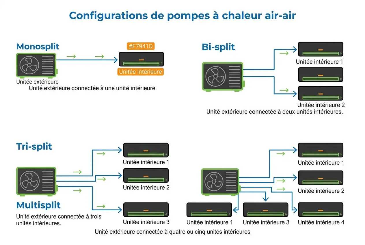 Diagramme des configurations de pompes à chaleur air-air : mono, bi-split, tri-split et multisplit, avec unités intérieures et extérieures connectées.
