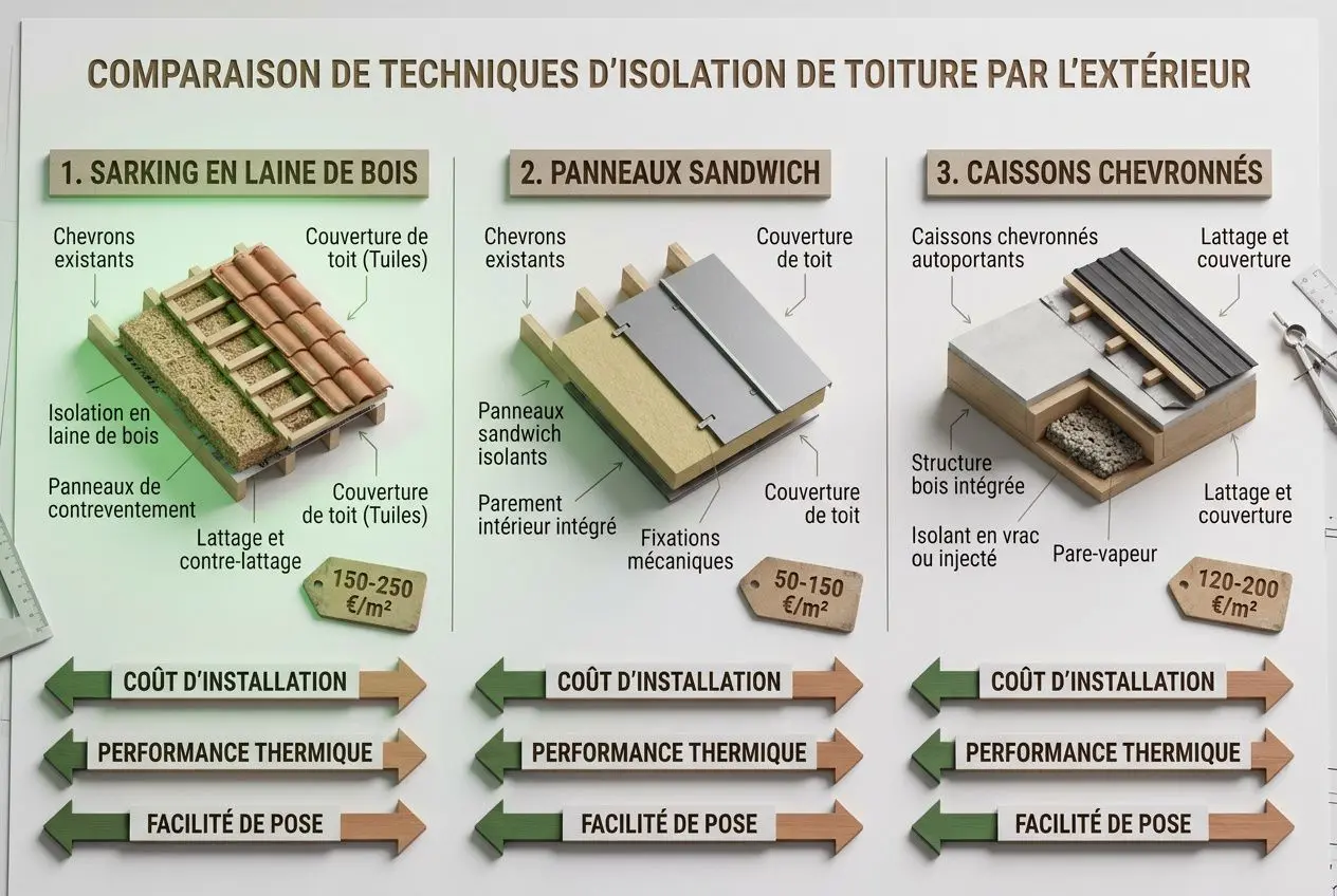 Comparaison des techniques d’isolation de toiture par l’extérieur avec trois méthodes et les coûts d’installation, performance thermique et facilité de pose.