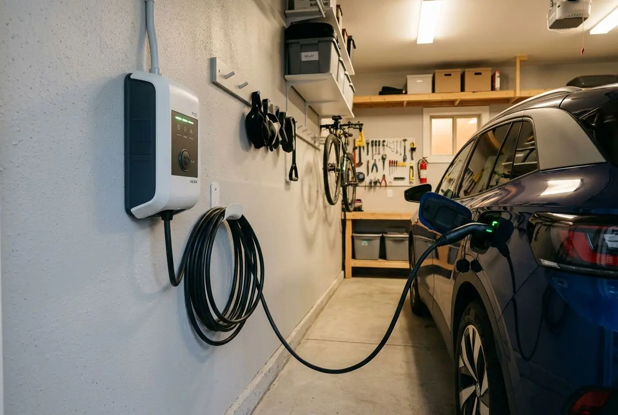 Installation borne recharge voiture électrique dans un garage, with charger mural et câble noir relié à la voiture bleue.