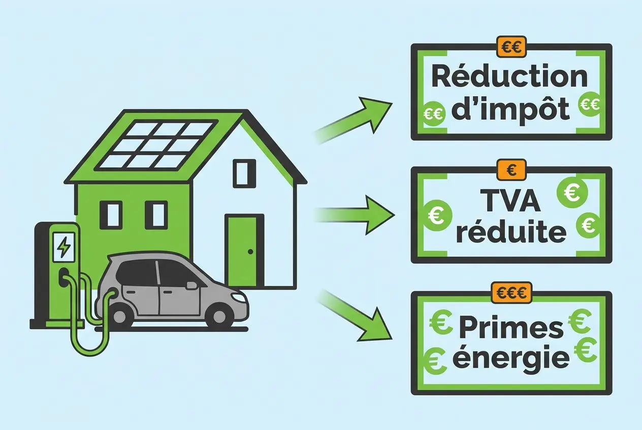Maison avec panneau solaire et voiture électrique près d’un socle de recharge, affiches sur le droit montrant réduction d’impôt, TVA réduite et primes énergie. installation borne recharge voiture électrique.