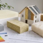 Maquette de maison avec différents matériaux d’isolation (mousse, laine, brique, panneaux) et plan d’architecte, près d’une étiquette énergie.