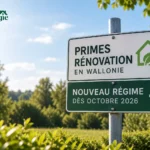 Panneau indique « Primes rénovation en Wallonie » et « Nouveau régime dès octobre 2026 », avec logo SAVenergie à gauche sur fond nature.