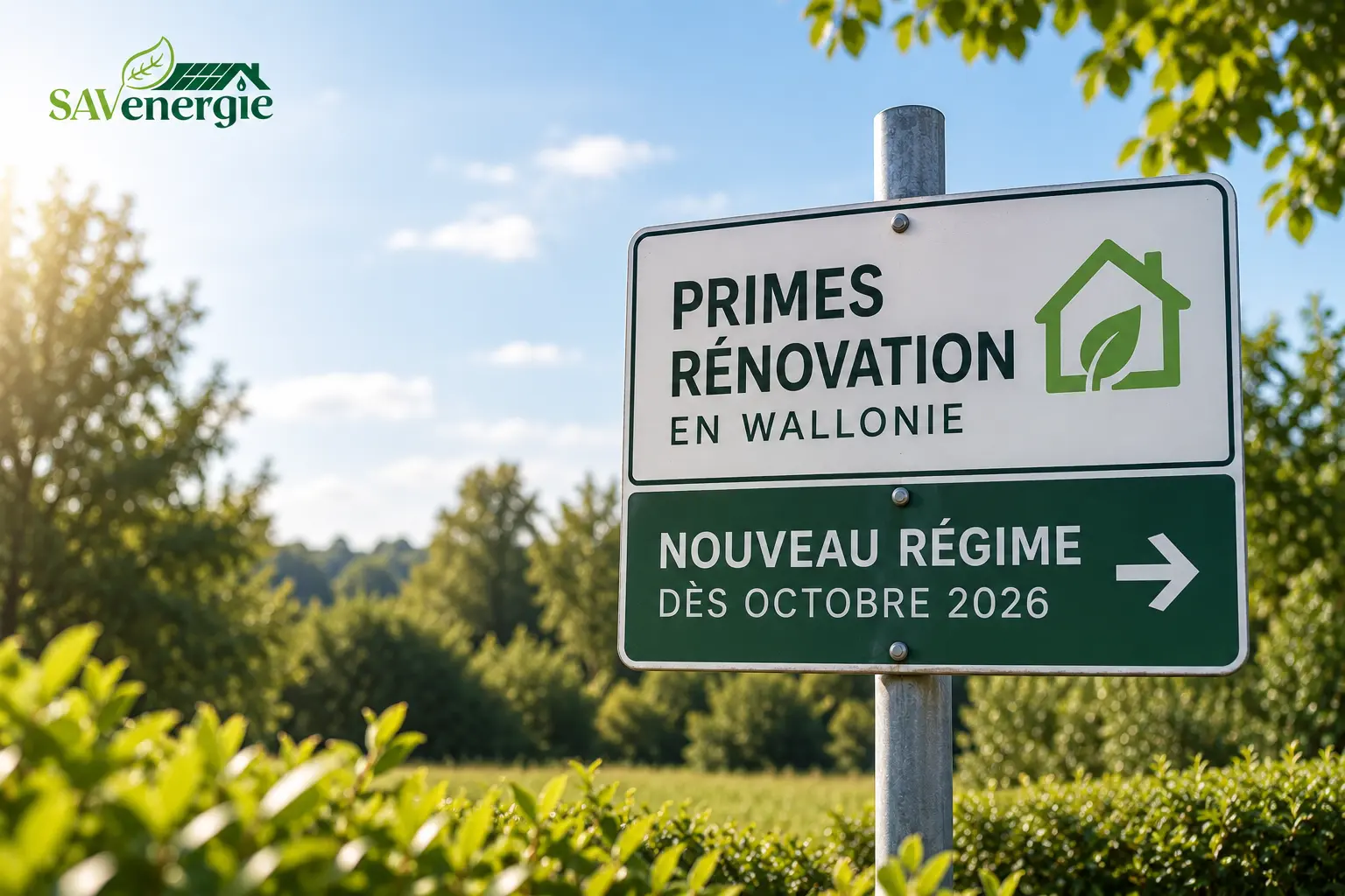 Panneau indique « Primes rénovation en Wallonie » et « Nouveau régime dès octobre 2026 », avec logo SAVenergie à gauche sur fond nature.