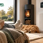 Personne profitant d’un intérieur chaleureux: cheminée moderne, chauffage au bois, chien endormi, pieds sur un plaid, thermostat affichant 19,0°C, logo SAVenergie en haut à gauche.