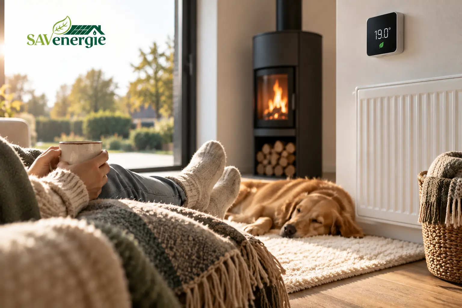 Personne profitant d’un intérieur chaleureux: cheminée moderne, chauffage au bois, chien endormi, pieds sur un plaid, thermostat affichant 19,0°C, logo SAVenergie en haut à gauche.